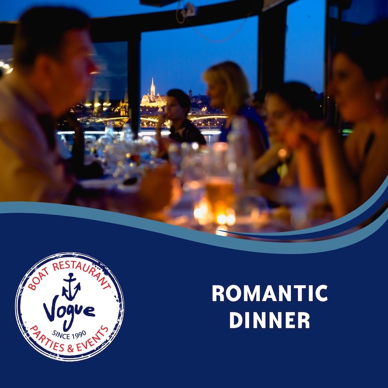 voucher - Intimate romantic dinner experience at Vogue Boat Restaurant Budapest featuring candlelit tables, evening atmosphere, and panoramic illuminated Danube River views with Budapest city skyline at blue hour on luxury waterfront boat restaurant Hungary