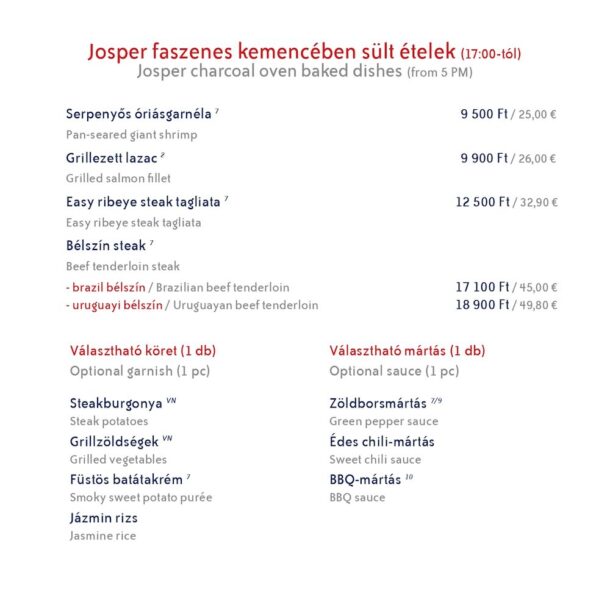 List of Josper charcoal oven baked dishes, steaks and optional garnishes on the menu of Vogue Boat Restaurant Hungary