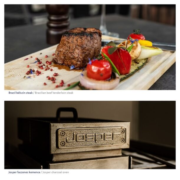 Presentation of a delicious Brazilian beef tenderloin steak and a close-up of the Josper oven at Vogue Boat Restaurant Hungary