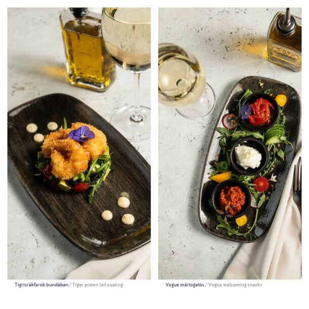 Photos of crispy tiger prawn tails and the Vogue welcoming snacks platter from the appetizer selection of Vogue Boat Restaurant Hungary