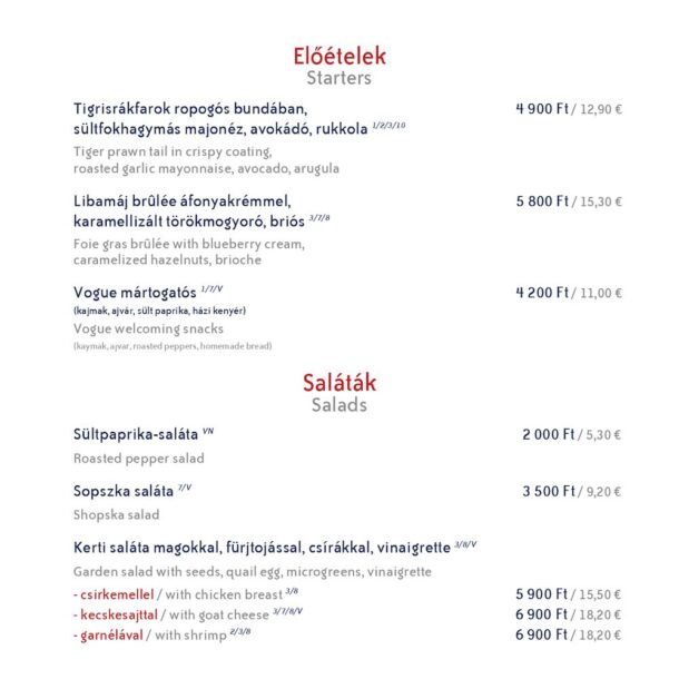Selection of cold and hot starters and fresh salads with prices on the menu of Vogue Boat Restaurant Hungary