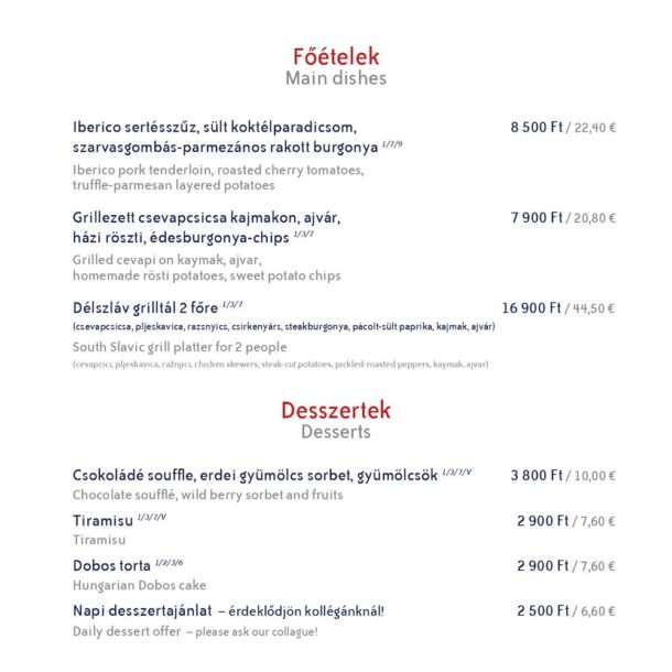 List of South Slavic grilled dishes and mouthwatering desserts including Tiramisu and Dobos cake at Vogue Boat Restaurant Hungary