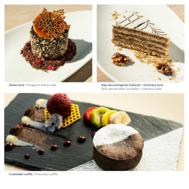 Photos of classic Hungarian cakes, Dobos and Esterhazy cake, and chocolate soufflé from the dessert menu of Vogue Boat Restaurant Hungary