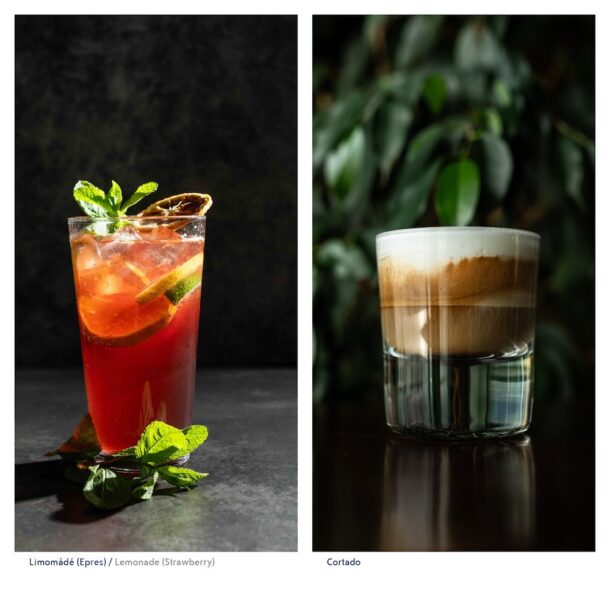 Mouthwatering photo of refreshing strawberry lemonade and layered cortado coffee from the drink menu of Vogue Boat Restaurant Hungary