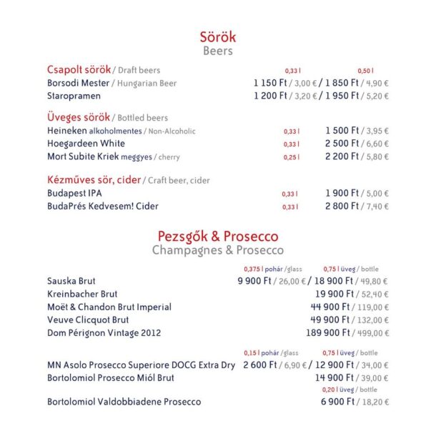 List of draft, bottled and craft beers, as well as exclusive champagnes and proseccos at Vogue Boat Restaurant Hungary