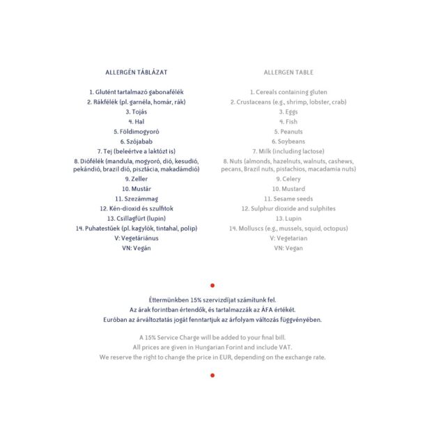 Official allergen table and service charge information at the end of the menu of Vogue Boat Restaurant Hungary