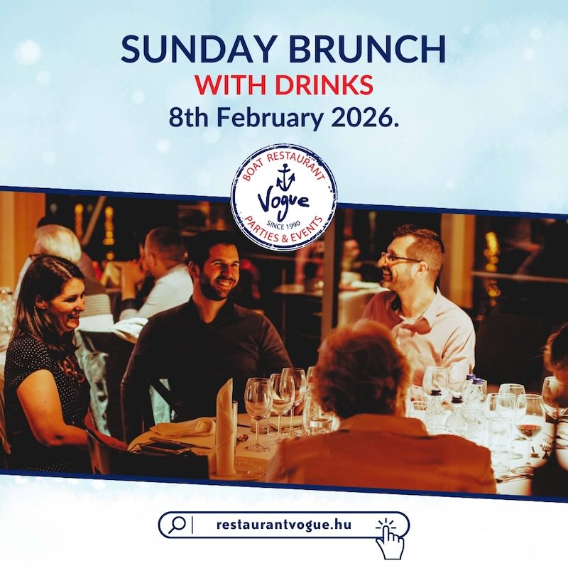 Sunday brunch at Vogue Boat Restaurant: an elegant group of friends enjoying a festive meal at a beautifully set table with winter-themed decoration. Text on image: Sunday brunch with drinks included, 8th February 2026.