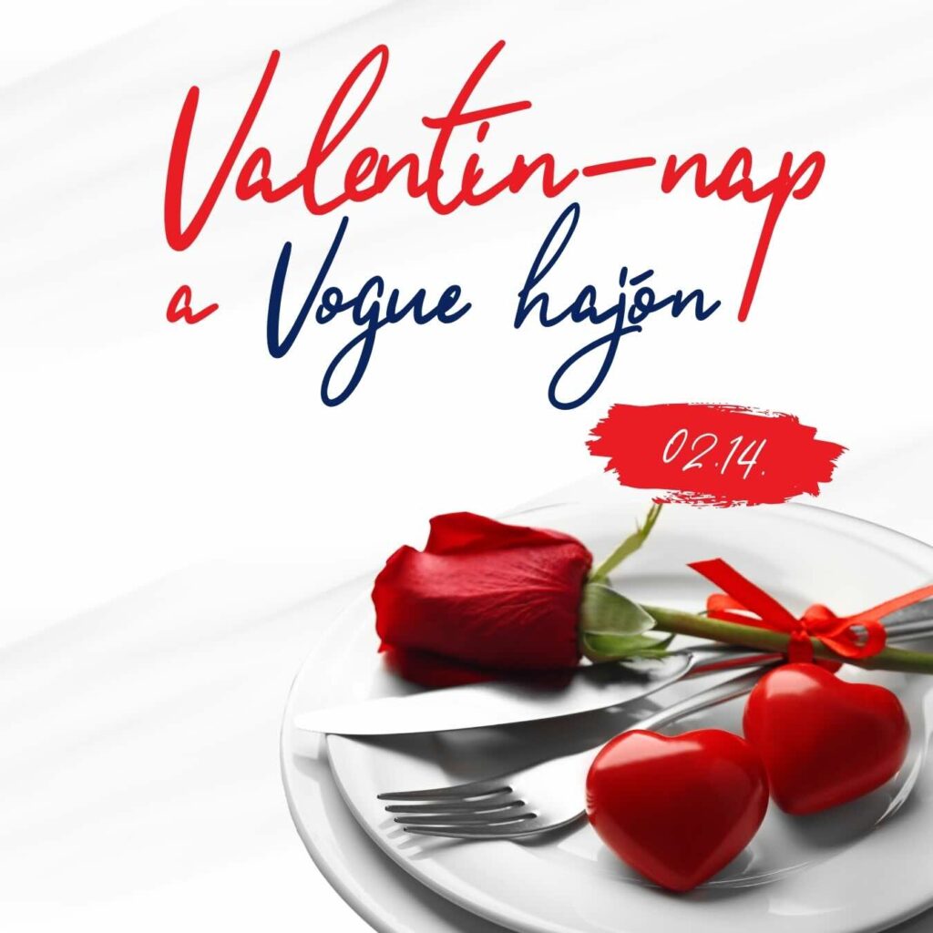 Ünnepi grafika megterített tányérral, vörös rózsával és szívekkel a Vogue étteremhajó Budapest Valentin-napi ajánlatához