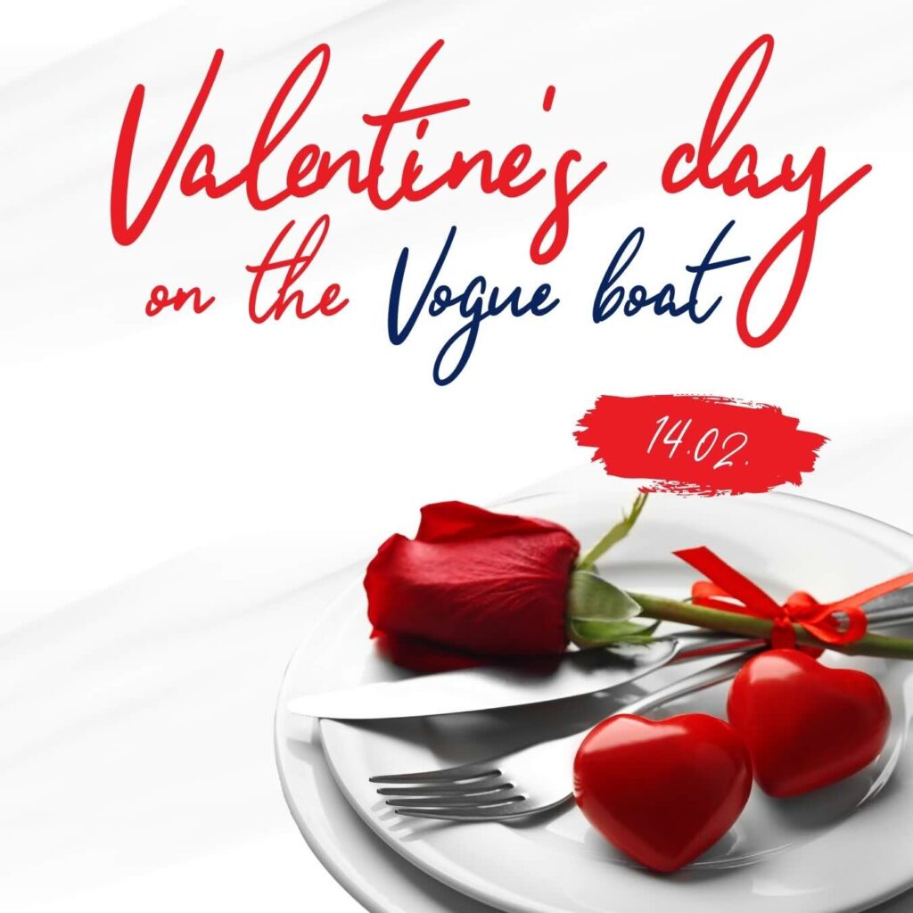 Festive graphic with "Valentine's day on the Vogue boat" text featuring a plate, red rose and hearts for the Valentine's Day offer of Vogue Boat Restaurant Hungary