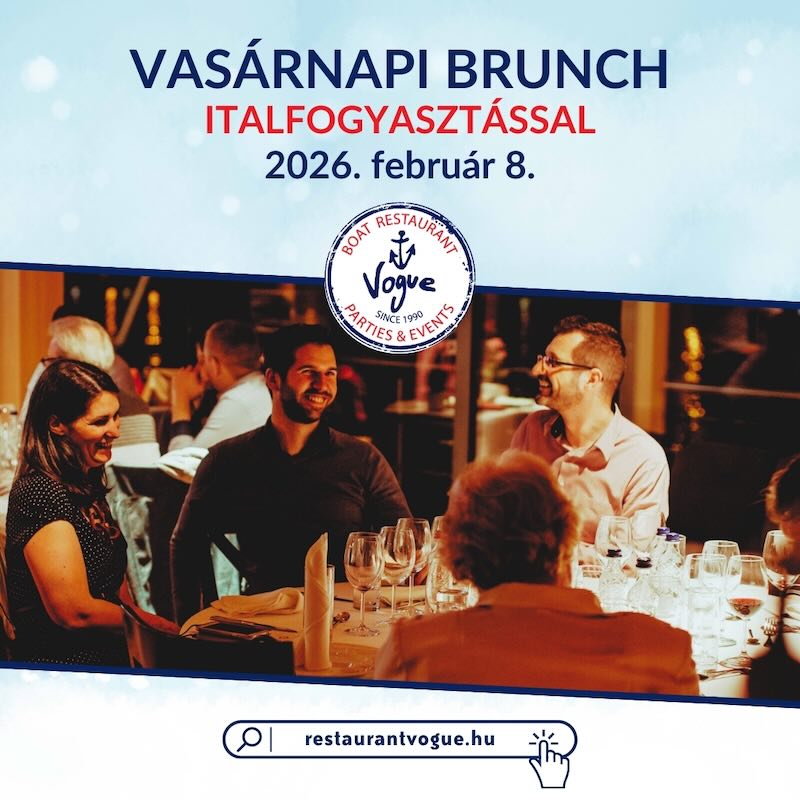 Vasárnapi brunch a Vogue étteremhajón: elegáns, baráti társaság ünnepi hangulatban vacsorázik egy szépen megterített asztalnál, téli dekorációval. Felirat: Vasárnapi brunch italfogyasztással, 2026. február 8.