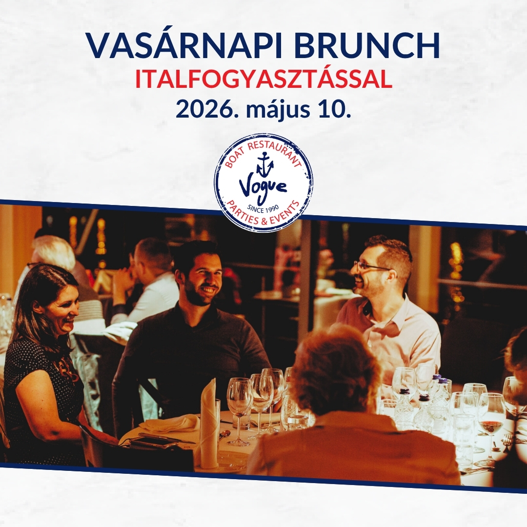 Vasárnapi brunch a Vogue étteremhajón: elegáns, baráti társaság ünnepi hangulatban vacsorázik egy szépen megterített asztalnál, téli dekorációval. Felirat: Vasárnapi brunch italfogyasztással, 2026. május 10.