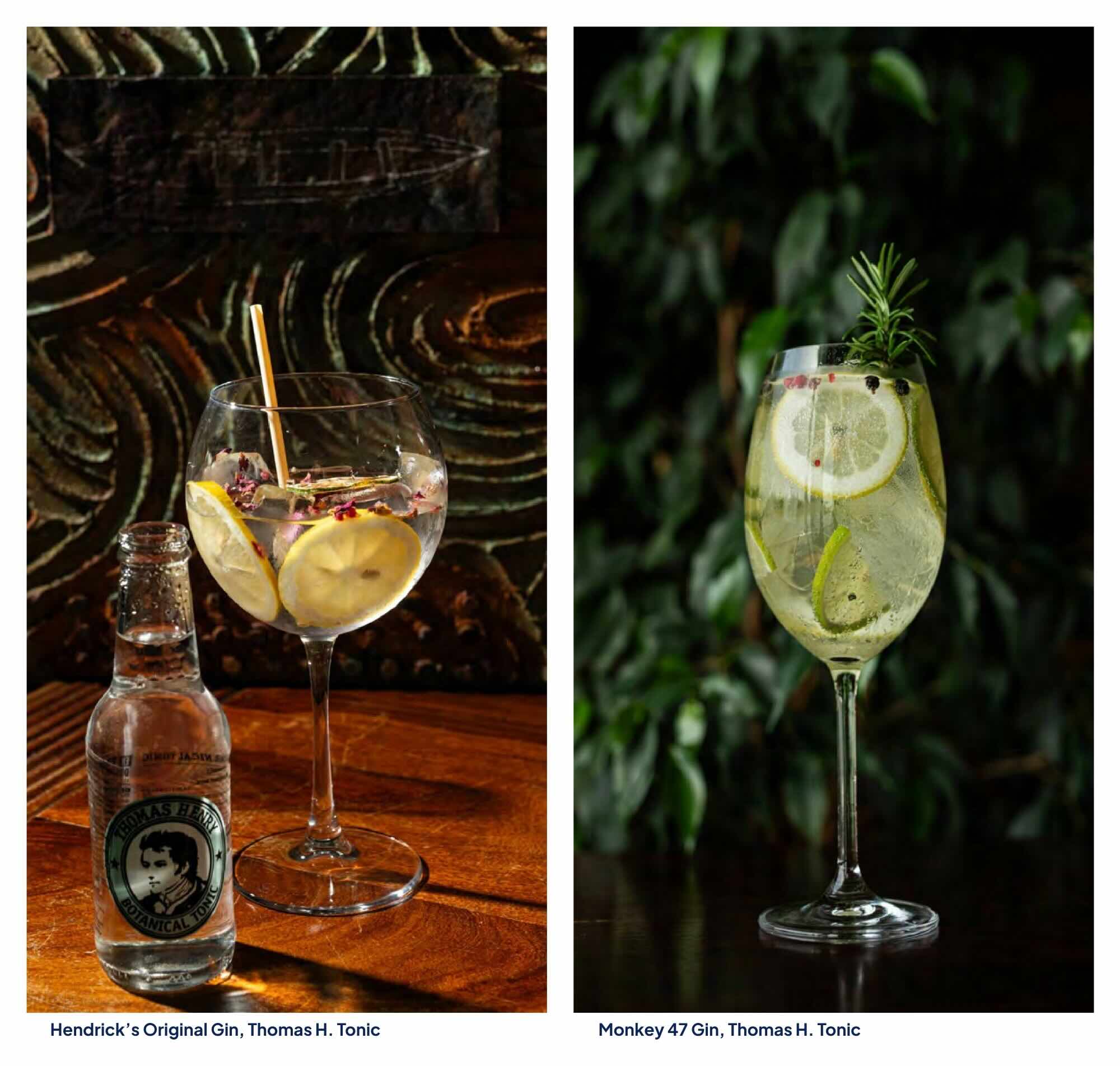 Elegant Hendrick's Original Gin with Thomas Henry tonic, garnished with citrus wheels and rose petals at Vogue Boat Restaurant. Premium Monkey 47 Gin with Thomas Henry tonic, fresh rosemary sprig, and juniper berries on the Vogue Boat Restaurant drinks menu.