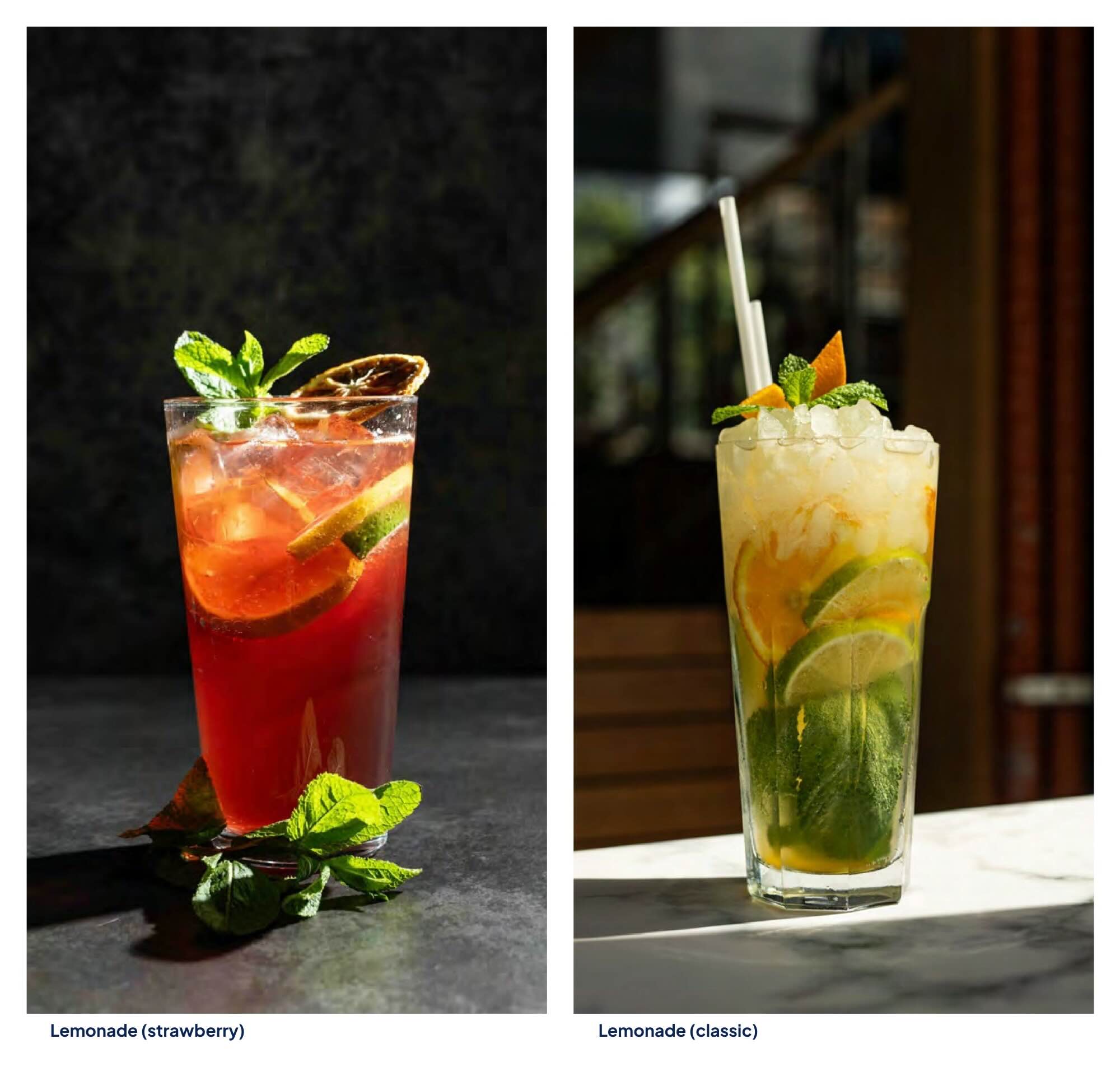Refreshing strawberry lemonade with mint, dried citrus, and plenty of ice from the drinks menu at Vogue Boat Restaurant Budapest. Ice-cold classic lemonade with fresh lemon, orange, and mint leaves at Vogue Boat Restaurant.