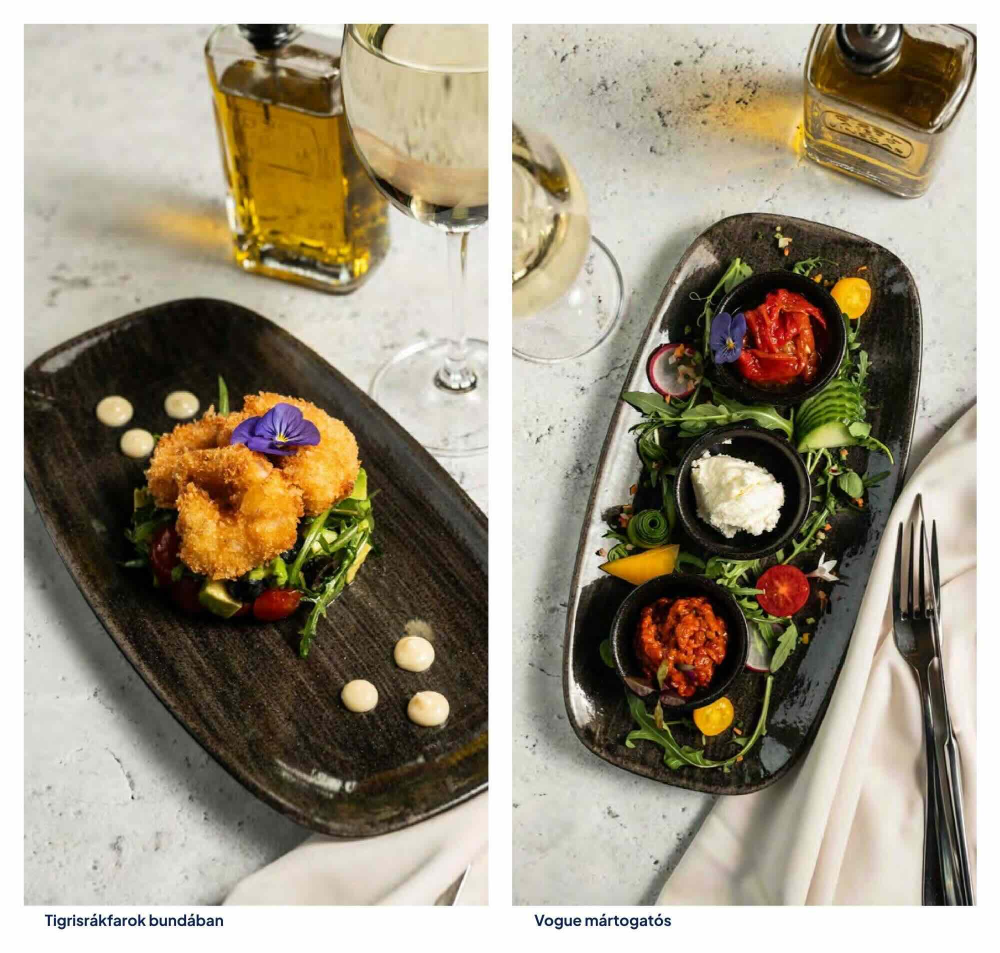 Ropogós panko bundában sült tigrisrákfarok friss salátaágyon a Vogue Boat Restaurant kínálatából. Háromféle ízletes Vogue mártogatós friss, roppanós zöldségekkel elegánsan tálalva.
