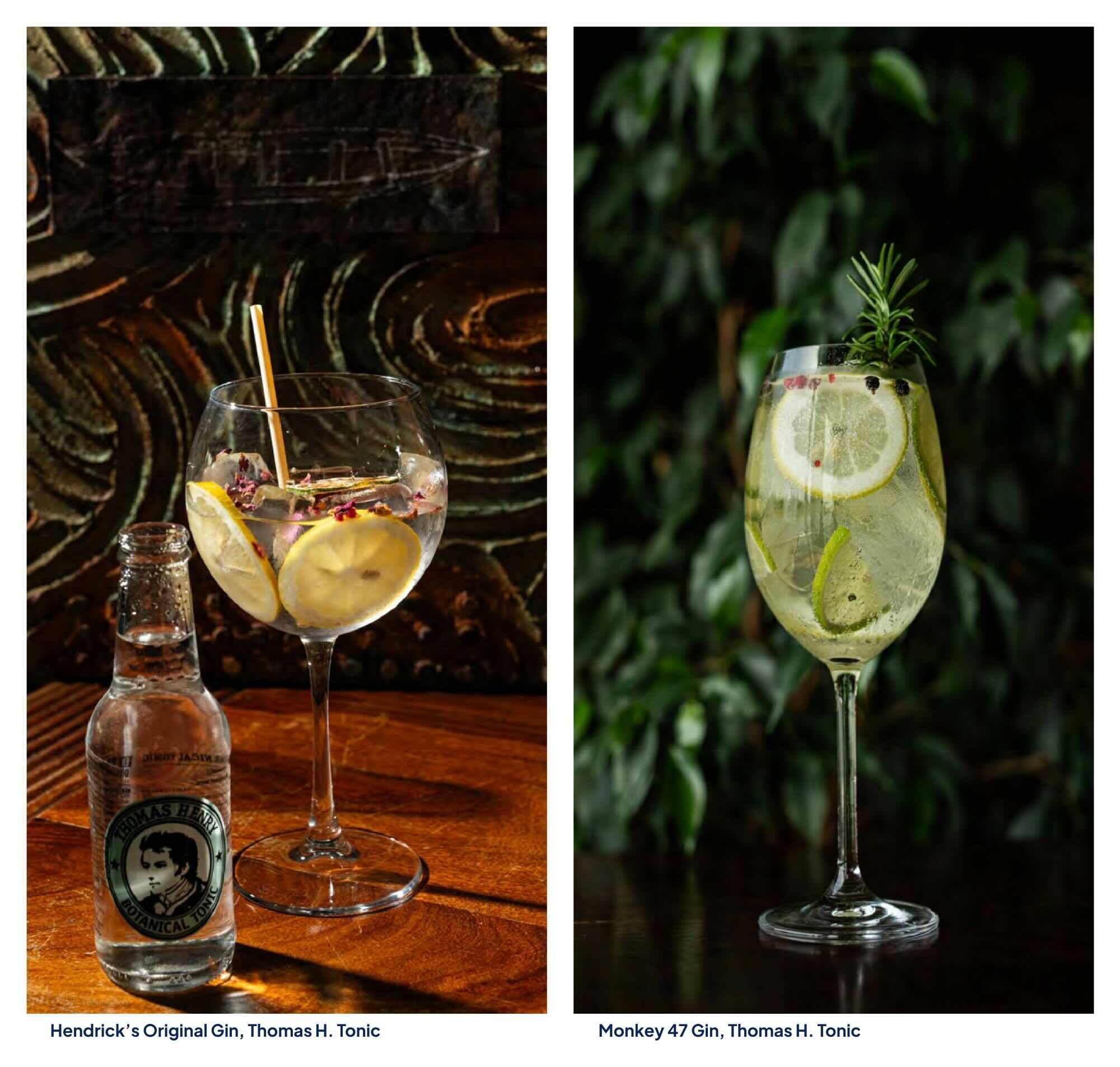 Elegáns Hendrick's Original Gin Thomas Henry tonikkal, citruskarikákkal és rózsaszirmokkal fűszerezve a Vogue Hajón. Prémium Monkey 47 Gin Thomas Henry tonikkal, friss rozmaringággal és borókabogyóval a Vogue étterem itallapján.
