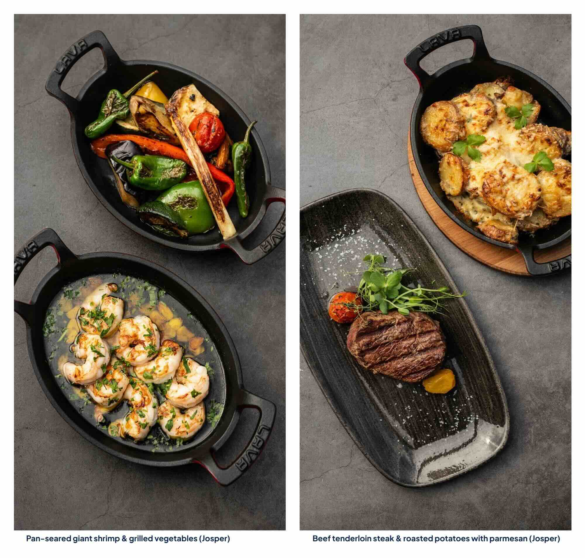 Charcoal-grilled juicy king prawns and fresh vegetables from the Josper oven at Vogue Boat Restaurant. Premium tenderloin steak roasted in a Josper oven, served with parmesan potatoes at Vogue Boat Restaurant.