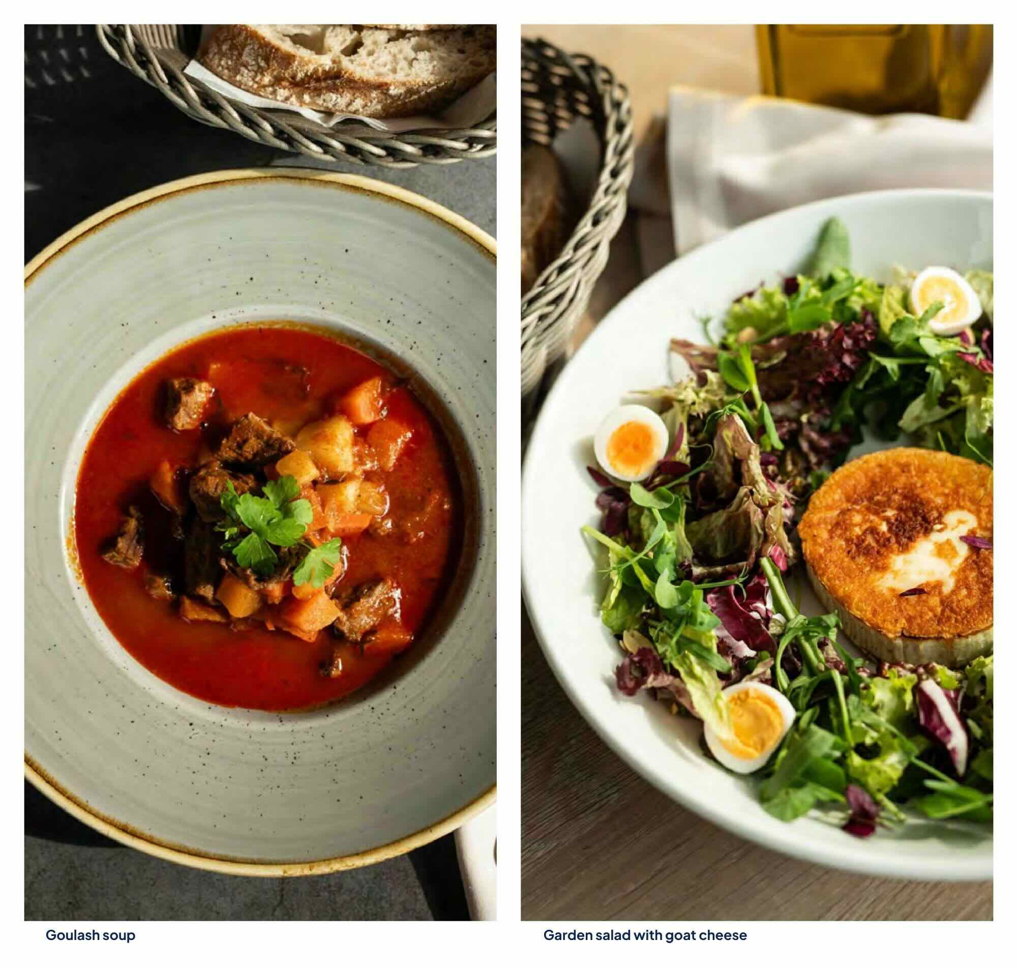 Traditional, rich Hungarian goulash soup with beef and vegetables served at Vogue Boat Restaurant Budapest. Fresh garden salad topped with grilled goat cheese and quail eggs at Vogue Boat Restaurant.