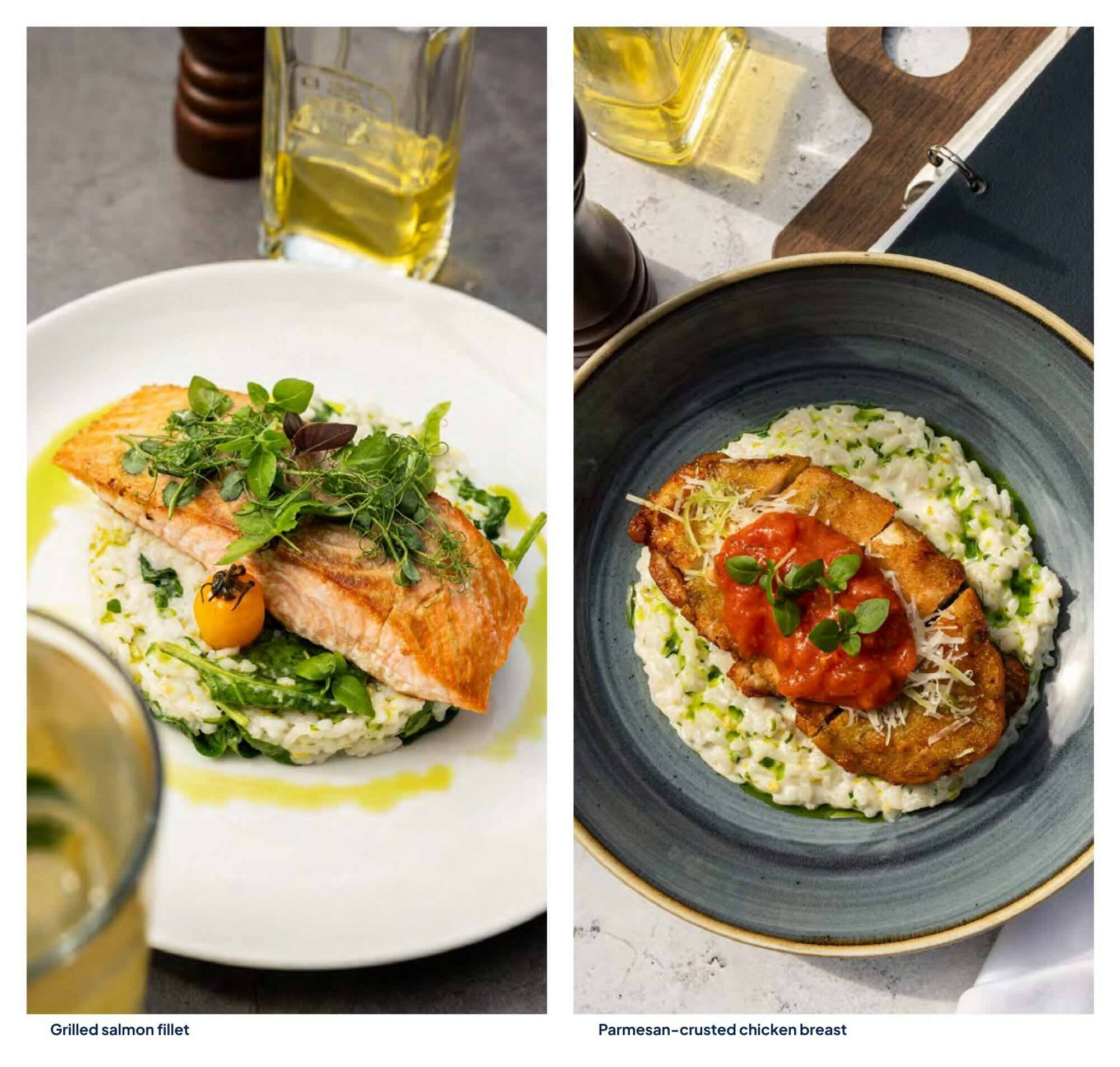 Perfectly grilled salmon fillet served on a bed of creamy risotto at Vogue Boat Restaurant Budapest. Crispy parmesan-crusted chicken breast with tomato ragout and risotto from the Vogue Boat Restaurant menu.